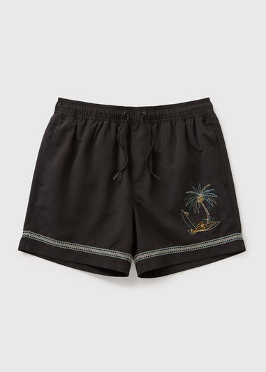 Black Palm Tree Embroidered Swim Shorts