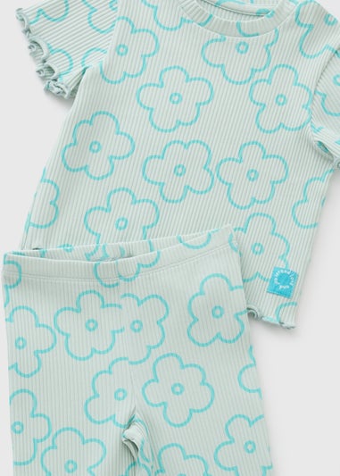 Girls Aqua Floral Top & Flares Set (1-7yrs)