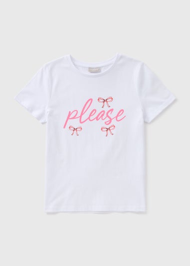 Girls White Please Bow T-Shirt (7-15yrs)