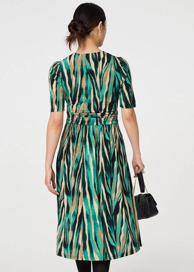 Izabel London Green Printed Wrap Waist Midi Dress