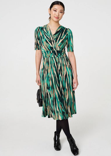 Izabel London Green Printed Wrap Waist Midi Dress