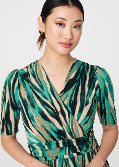 Izabel London Green Printed Wrap Waist Midi Dress