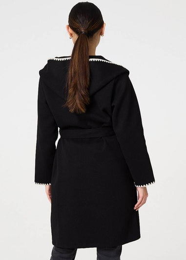 Izabel London Black Blanket Stitch Tie Waist Longline Coat