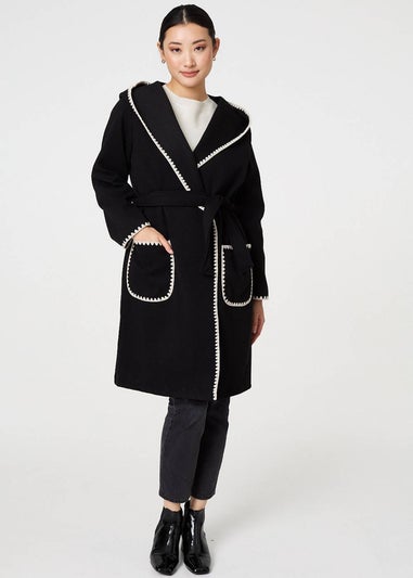 Izabel London Black Blanket Stitch Tie Waist Longline Coat