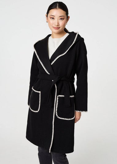 Izabel London Black Blanket Stitch Tie Waist Longline Coat