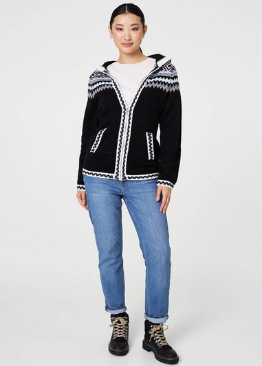 Izabel London Black Ikat Print Zip Front Hooded Jumper