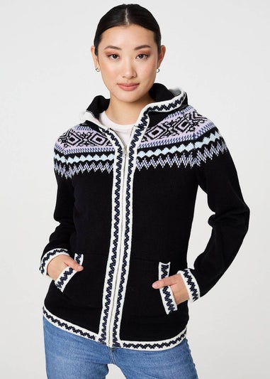 Izabel London Black Ikat Print Zip Front Hooded Jumper