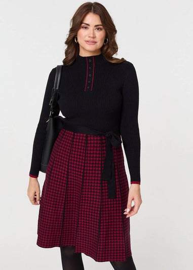 Izabel London Black Checked Pleated Knee Length Jumper Dress