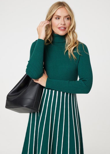 Izabel London Green Striped Knit Top High Neck Midi Dress