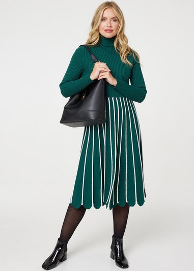 Izabel London Green Striped Knit Top High Neck Midi Dress