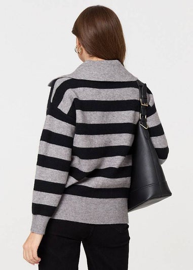 Izabel London Black Striped Zip Neck Collared Pullover