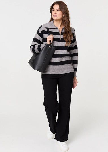 Izabel London Black Striped Zip Neck Collared Pullover