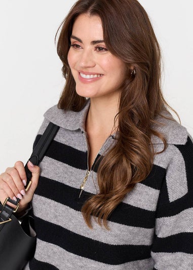 Izabel London Black Striped Zip Neck Collared Pullover