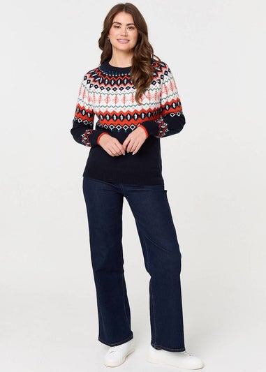 Izabel London Navy Ikat Print Long Sleeve Knitted Top