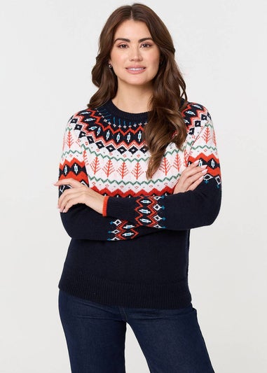 Izabel London Navy Ikat Print Long Sleeve Knitted Top