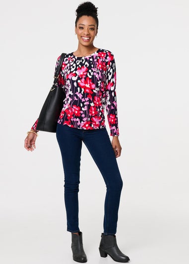 Izabel London Navy Floral Long Sleeve Scoop Neck Top