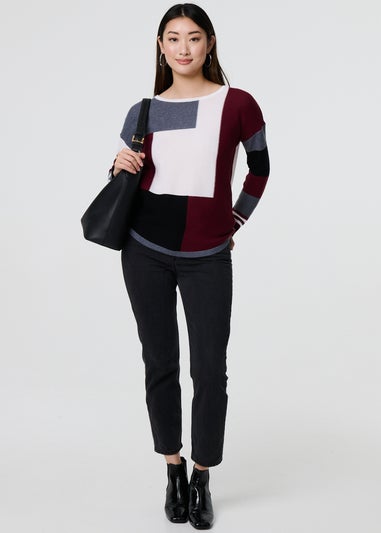 Izabel London Red Colour Block Curve Hem Boat Neck Jumper