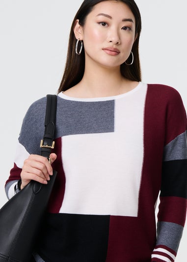 Izabel London Red Colour Block Curve Hem Boat Neck Jumper