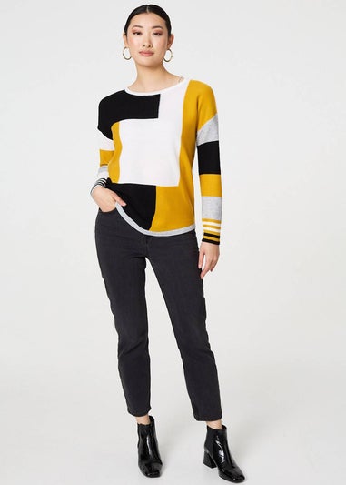 Izabel London Mustard Colour Block Curve Hem Boat Neck Jumper