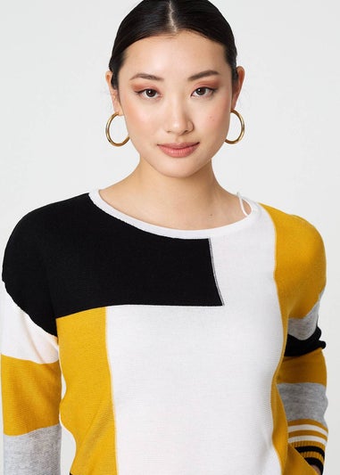 Izabel London Mustard Colour Block Curve Hem Boat Neck Jumper