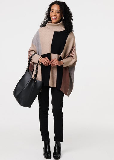 Izabel London Beige Colour Block Roll Neck Knitted Poncho