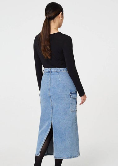 Izabel London Blue Denim High Waist Midi Cargo Skirt