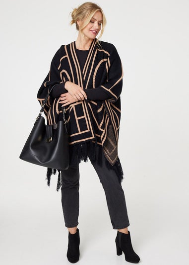 Izabel London Black Printed Tassel Fringe Longline Poncho