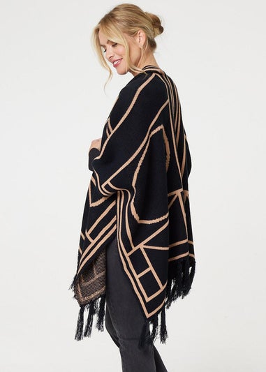 Izabel London Black Printed Tassel Fringe Longline Poncho