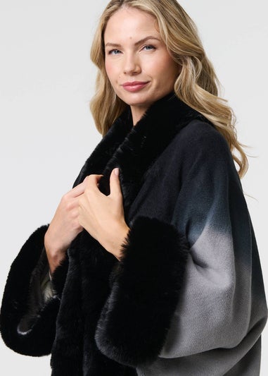 Izabel London Black Faux Fur Trim Thigh Length Poncho