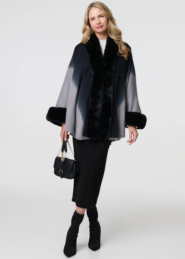 Izabel London Black Faux Fur Trim Thigh Length Poncho