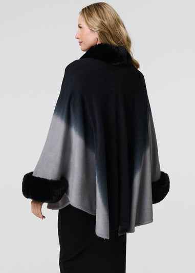 Izabel London Black Faux Fur Trim Thigh Length Poncho