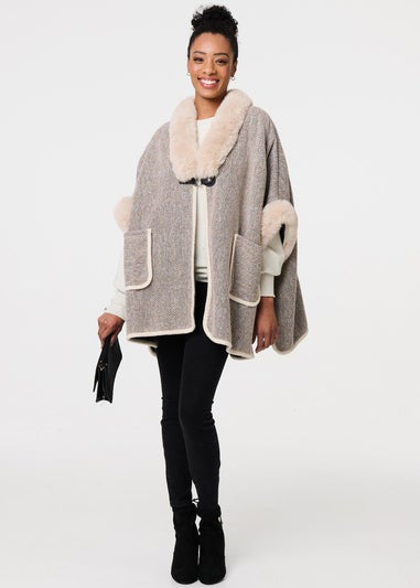 Izabel London Beige Faux Fur Trim Buckled Poncho