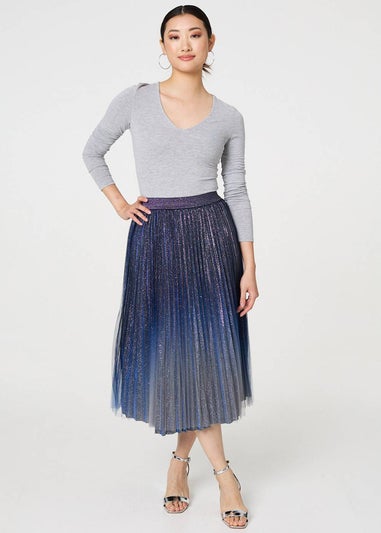 Izabel London Blue Glittery Sheer Mesh Pleated Midi Skirt