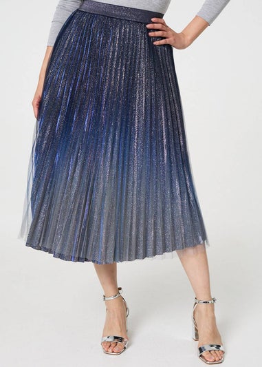 Izabel London Blue Glittery Sheer Mesh Pleated Midi Skirt