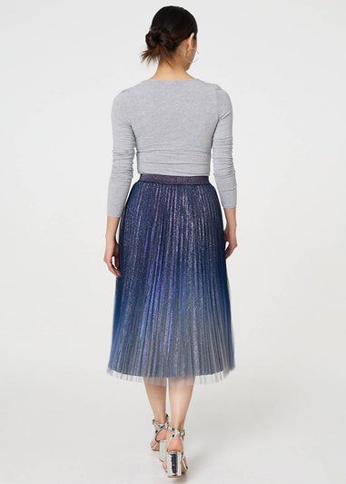 Izabel London Blue Glittery Sheer Mesh Pleated Midi Skirt