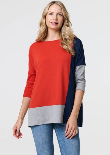 Izabel London Orange Colour Block Long Sleeve Relaxed Top