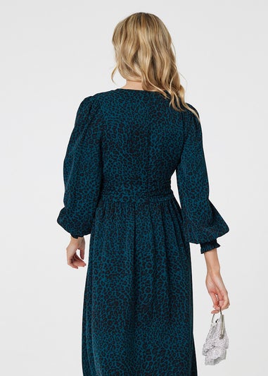 Izabel London Green Animal Print Long Puff Sleeve Midi Dress