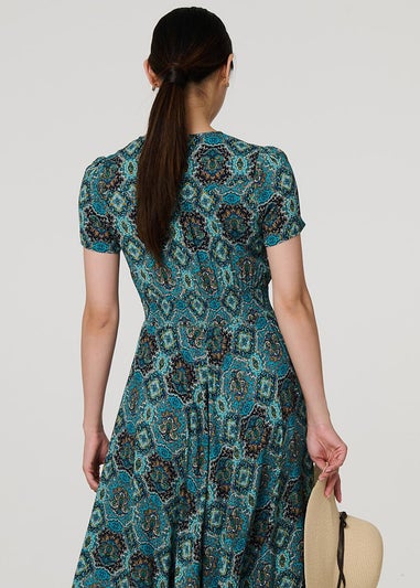 Izabel London Green Mosaic Print Short Sleeve Smock Maxi Dress