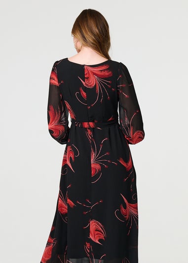 Izabel London Red Tropical Print Mesh Layered Midi Dress