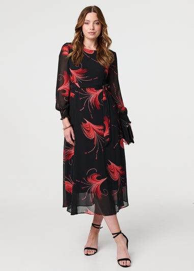 Izabel London Red Tropical Print Mesh Layered Midi Dress