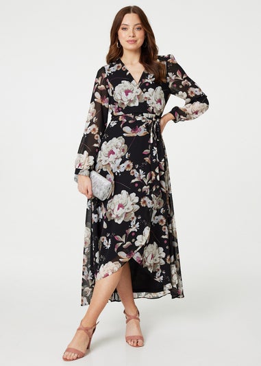 Izabel London Black Floral Long Sleeve Tie Waist Wrap Midi Dress