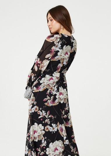 Izabel London Black Floral Long Sleeve Tie Waist Wrap Midi Dress