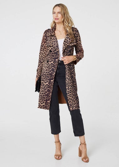 Izabel London Beige Leopard Print Double Breasted Trench Coat