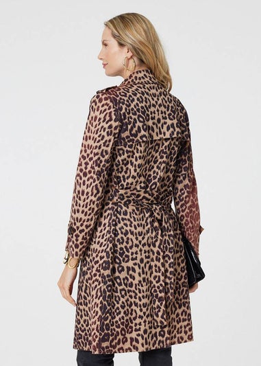 Izabel London Beige Leopard Print Double Breasted Trench Coat