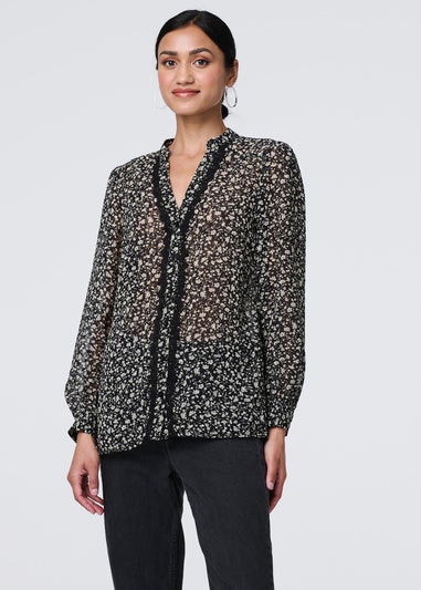 Izabel London Black Ditsy Floral Semi Sheer Long Sleeve Blouse