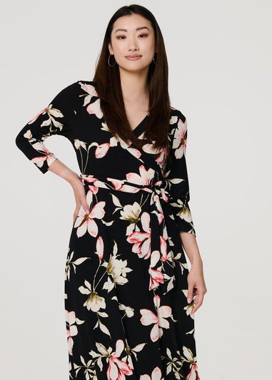 Izabel London Black Floral Tie Waist Maxi Dress