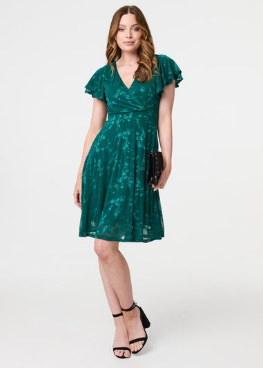 Izabel London Green Floral Lace Layer Angel Sleeve Short Dress