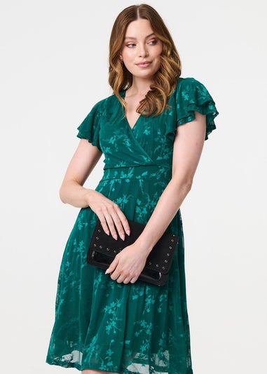 Izabel London Green Floral Lace Layer Angel Sleeve Short Dress