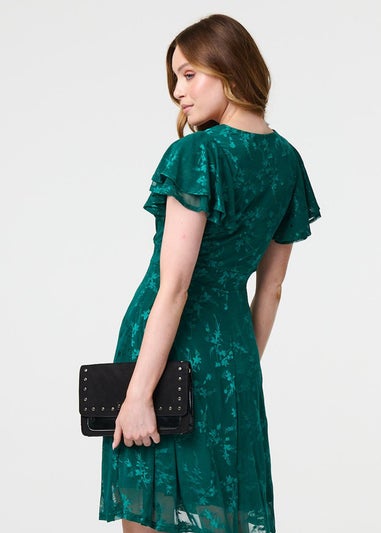 Izabel London Green Floral Lace Layer Angel Sleeve Short Dress