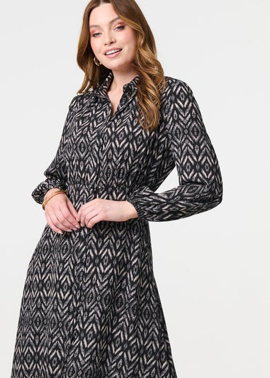 Izabel London Black Chevron Print Long Sleeve Midi Shirt Dress